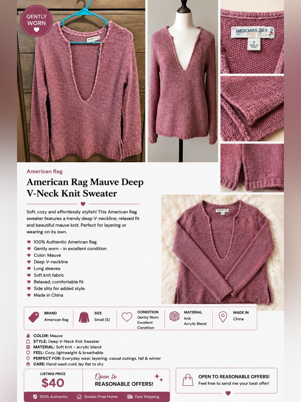 American Rag Mauve Deep V-Neck Knit Sweater